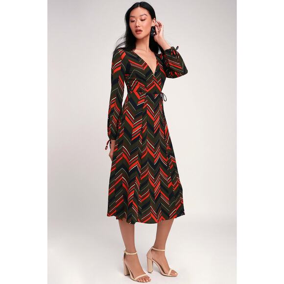 Lulu's Martini Moment Olive Green Multi Print Long Sleeve Midi Dress S NWT - Picture 1 of 10